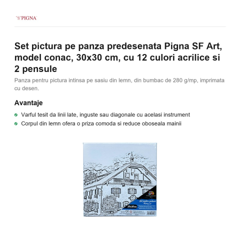 Set pictura pe panza predesenata Pigna SF Art, model conac, 30x30 cm, cu 12 culori acrilice si 2 pensule [1]