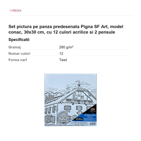Set pictura pe panza predesenata Pigna SF Art, model conac, 30x30 cm, cu 12 culori acrilice si 2 pensule [2]