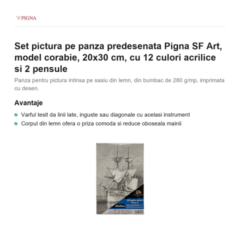Set pictura pe panza predesenata Pigna SF Art, model corabie, 20x30 cm, cu 12 culori acrilice si 2 pensule [1]