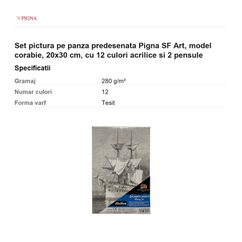 Set pictura pe panza predesenata Pigna SF Art, model corabie, 20x30 cm, cu 12 culori acrilice si 2 pensule [2]