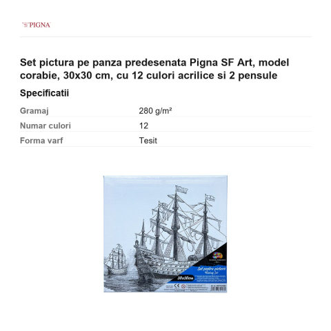 Set pictura pe panza predesenata Pigna SF Art, model corabie, 30x30 cm, cu 12 culori acrilice si 2 pensule [2]