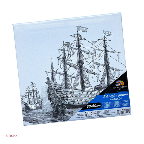 Handmade Creativ si Hobby - Set pictura pe panza predesenata Pigna SF Art, model corabie, 30x30 cm, cu 12 culori acrilice si 2 pensule