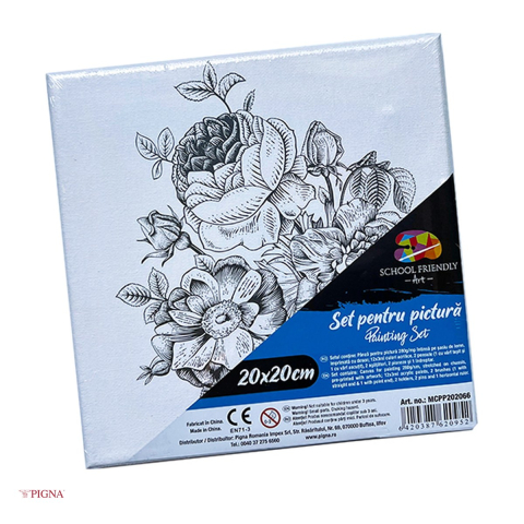 Birotica papetarie - Set pictura pe panza predesenata Pigna SF Art, model floare, 20x20 cm, cu 12 culori acrilice si 2 pensule