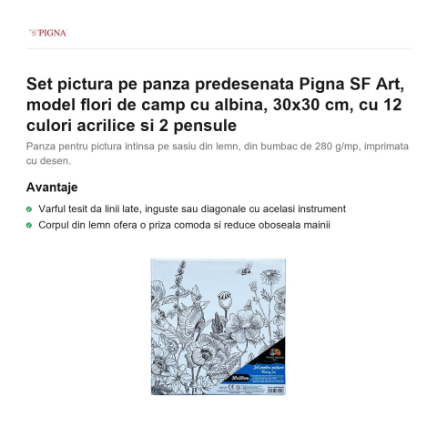 Set pictura pe panza predesenata Pigna SF Art, model flori de camp cu albina, 30x30 cm, cu 12 culori acrilice si 2 pensule [1]