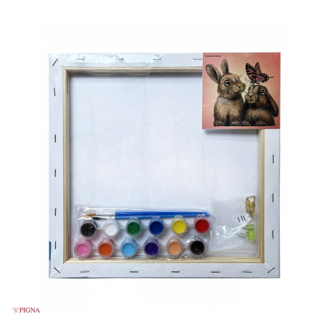 Set pictura pe panza predesenata Pigna SF Art, model iepurasi, 30x30 cm, cu 12 culori acrilice si 2 pensule [3]