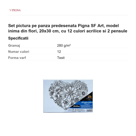 Set pictura pe panza predesenata Pigna SF Art, model inima din flori, 20x30 cm, cu 12 culori acrilice si 2 pensule [2]