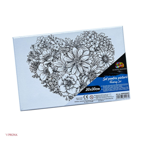 Handmade Creativ si Hobby - Set pictura pe panza predesenata Pigna SF Art, model inima din flori, 20x30 cm, cu 12 culori acrilice si 2 pensule