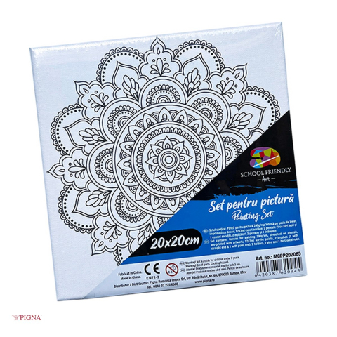 Birotica papetarie - Set pictura pe panza predesenata Pigna SF Art, model mandale, 20x20 cm, cu 12 culori acrilice si 2 pensule