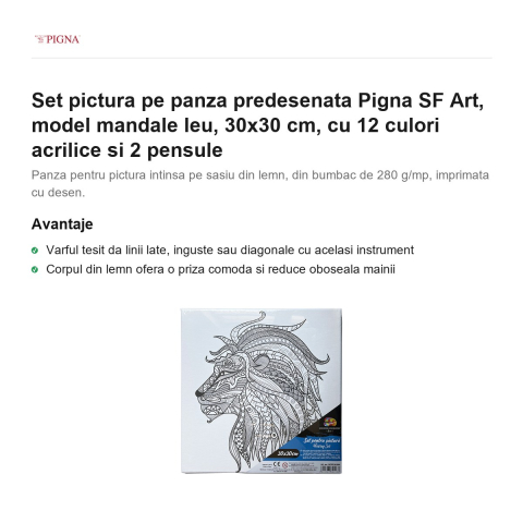 Set pictura pe panza predesenata Pigna SF Art, model mandale leu, 30x30 cm, cu 12 culori acrilice si 2 pensule [1]