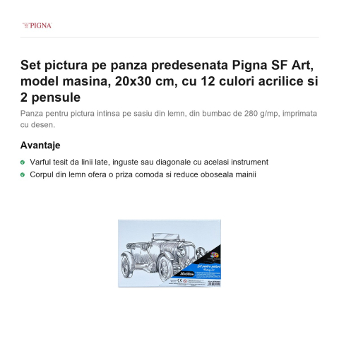 Set pictura pe panza predesenata Pigna SF Art, model masina, 20x30 cm, cu 12 culori acrilice si 2 pensule [1]