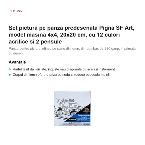 Set pictura pe panza predesenata Pigna SF Art, model masina 4x4, 20x20 cm, cu 12 culori acrilice si 2 pensule [1]
