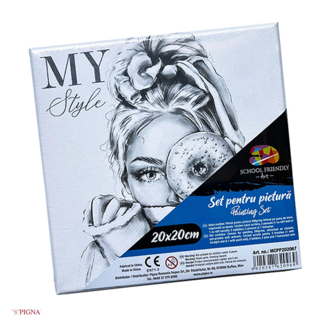 Birotica papetarie - Set pictura pe panza predesenata Pigna SF Art, model my style, 20x20 cm, cu 12 culori acrilice si 2 pensule