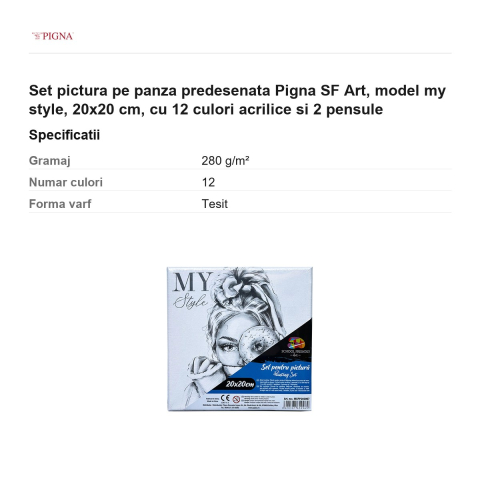 Set pictura pe panza predesenata Pigna SF Art, model my style, 20x20 cm, cu 12 culori acrilice si 2 pensule [2]