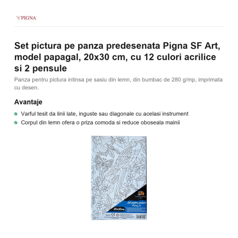 Set pictura pe panza predesenata Pigna SF Art, model papagal, 20x30 cm, cu 12 culori acrilice si 2 pensule [1]