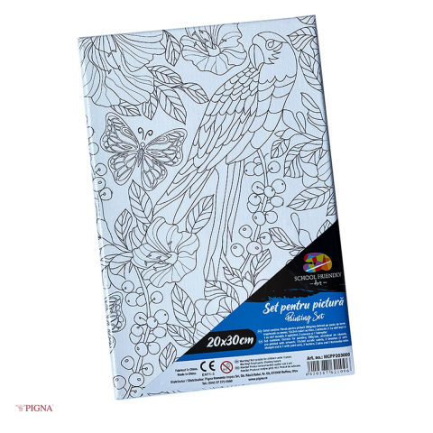 Handmade Creativ si Hobby - Set pictura pe panza predesenata Pigna SF Art, model papagal, 20x30 cm, cu 12 culori acrilice si 2 pensule