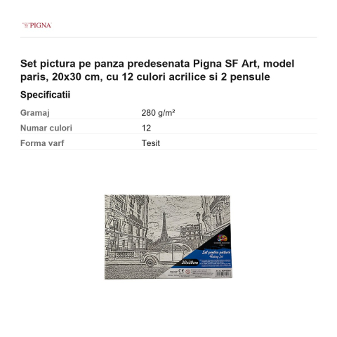 Set pictura pe panza predesenata Pigna SF Art, model paris, 20x30 cm, cu 12 culori acrilice si 2 pensule [2]