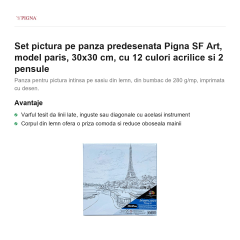 Set pictura pe panza predesenata Pigna SF Art, model paris, 30x30 cm, cu 12 culori acrilice si 2 pensule [1]
