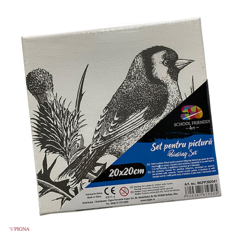 Birotica papetarie - Set pictura pe panza predesenata Pigna SF Art, model pasare 2, 20x20 cm, cu 12 culori acrilice si 2 pensule