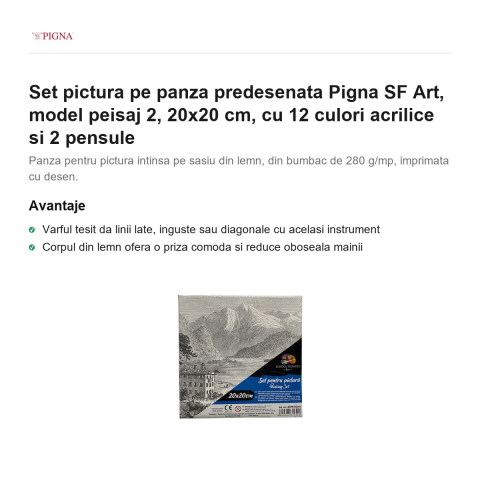 Set pictura pe panza predesenata Pigna SF Art, model peisaj 2, 20x20 cm, cu 12 culori acrilice si 2 pensule [1]