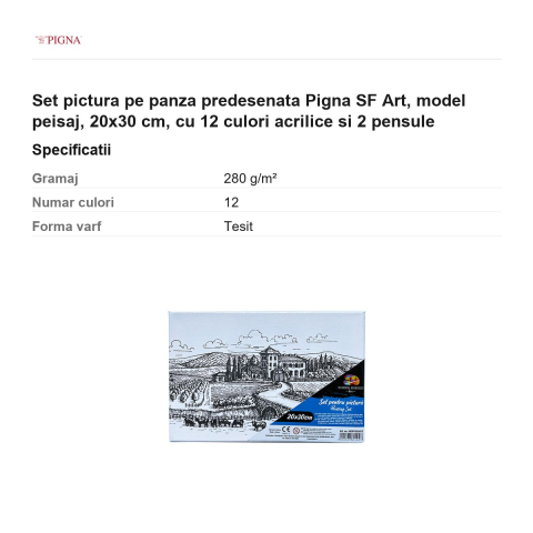 Set pictura pe panza predesenata Pigna SF Art, model peisaj, 20x30 cm, cu 12 culori acrilice si 2 pensule [2]