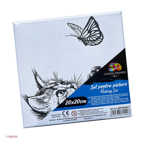 Birotica papetarie - Set pictura pe panza predesenata Pigna SF Art, model pisica, 20x20 cm, cu 12 culori acrilice si 2 pensule