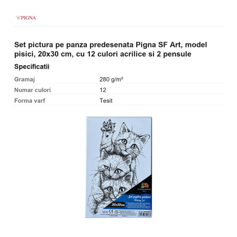 Set pictura pe panza predesenata Pigna SF Art, model pisici, 20x30 cm, cu 12 culori acrilice si 2 pensule [2]