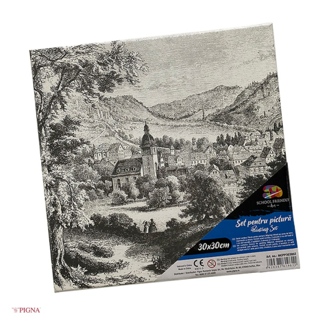 Birotica papetarie - Set pictura pe panza predesenata Pigna SF Art, model sat cu biserica, 30x30 cm, cu 12 culori acrilice si 2 pensule