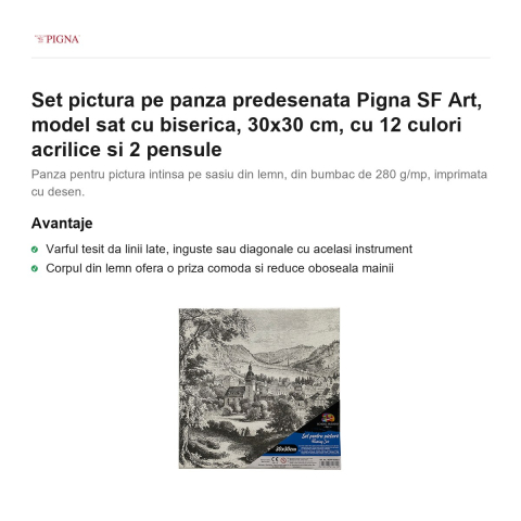 Set pictura pe panza predesenata Pigna SF Art, model sat cu biserica, 30x30 cm, cu 12 culori acrilice si 2 pensule [1]