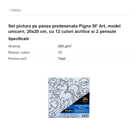Set pictura pe panza predesenata Pigna SF Art, model unicorn, 20x20 cm, cu 12 culori acrilice si 2 pensule [2]