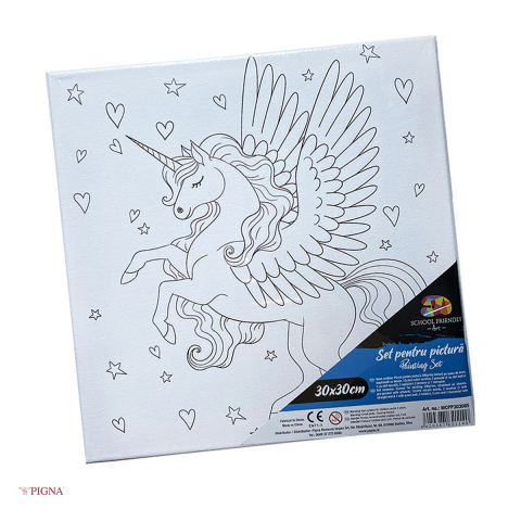 Birotica papetarie - Set pictura pe panza predesenata Pigna SF Art, model unicorn inaripat, 30x30 cm, cu 12 culori acrilice si 2 pensule