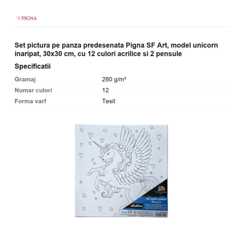 Set pictura pe panza predesenata Pigna SF Art, model unicorn inaripat, 30x30 cm, cu 12 culori acrilice si 2 pensule [2]