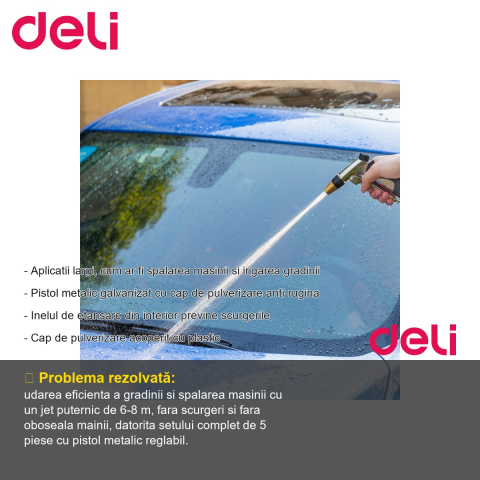 Set pistol pentru irigat Deli, 5 piese, metalic galvanizat anti-rugina, pentru spalat masina si gradina [1]