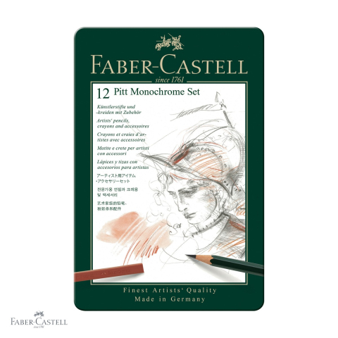 Desen grafit si carbune - Set Pitt Monochrome 12 piese Faber-Castell, creioane grafit, carbune si pastel, pentru desen artistic
