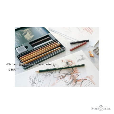 Set Pitt Monochrome 12 piese Faber-Castell, creioane grafit, carbune si pastel, pentru desen artistic [1]