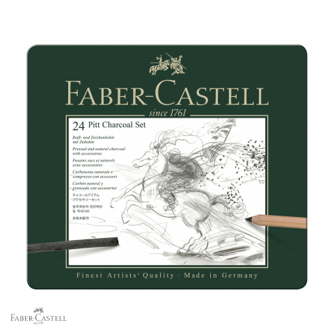 Desen grafit si carbune - Set Pitt Monochrome carbune 24 bucati Faber-Castell, creioane si carbune natural si presat, pentru desen artistic