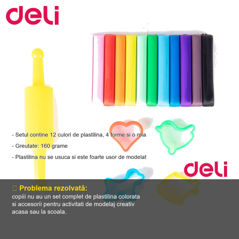 Set plastilina 12 culori Deli, 160g cu forme de modelaj, pentru copii [1]