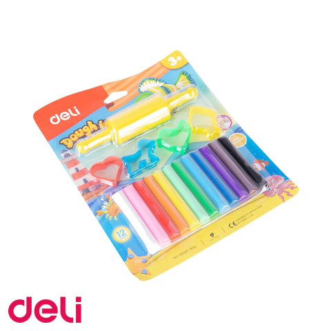 Birotica papetarie - Set plastilina 12 culori Deli, 160g cu forme de modelaj, pentru copii