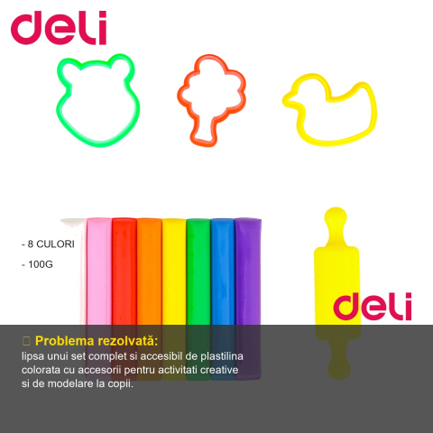 Set plastilina Deli, 8 culori 100g cu forme de modelaj si roller, pentru copii [1]