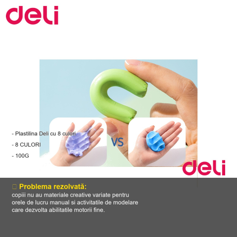 Set plastilina Deli, 8 culori, 100g, pentru dezvoltarea abilitatilor motorii fine la copii [1]