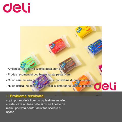 Set plastilina Deli Soft Clay, 12 culori, 72g, material moale si usor de modelat, pentru copii [1]