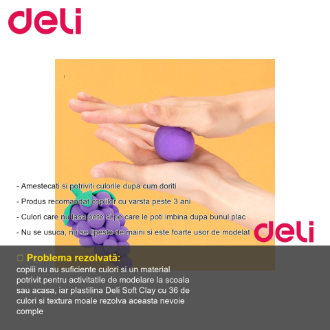 Set plastilina Deli Soft Clay, 36 culori, 216g, usor de modelat, pentru copii peste 3 ani [1]