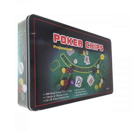 Jocuri de masa - Set Poker cu 300 jetoane, 2 seturi de carti de joc si accesorii, in cutie de metal
