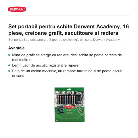 Set portabil pentru schite Derwent Academy, 16 piese, creioane grafit, ascutitoare si radiera [1]