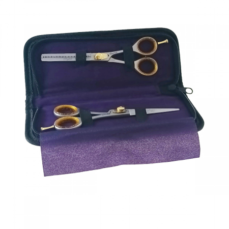Foarfece cosmetice - Set profesional frizerie cu 2 foarfeci pentru tuns si filat, V24 00260, cu geanta transport, argintiu cu auriu