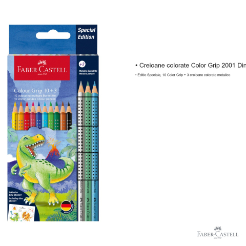 Set promo creioane colorate Faber-Castell Color Grip 2001 Dinozauri, 10+3 culori, forma ergonomica triunghiulara, pentru copii [2]