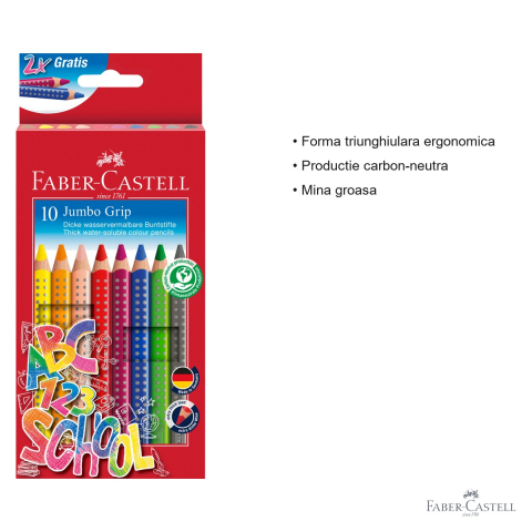 Set promotional 10 creioane colorate Jumbo Grip Faber-Castell, forma triunghiulara ergonomica, solubile in apa, pentru copii mici [2]