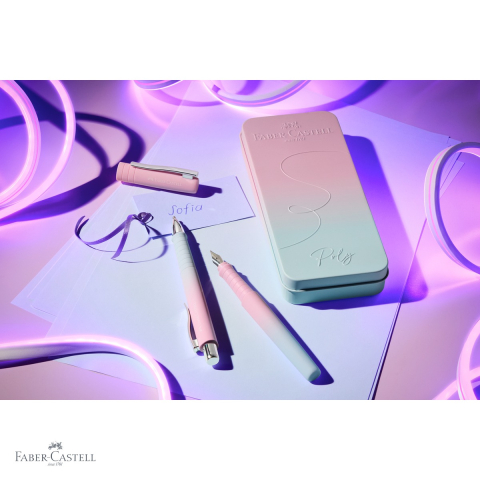 Set stilou si pix Faber-Castell Poly Flow, forma ergonomica triunghiulara, bleu-roz gradient, cadou [3]