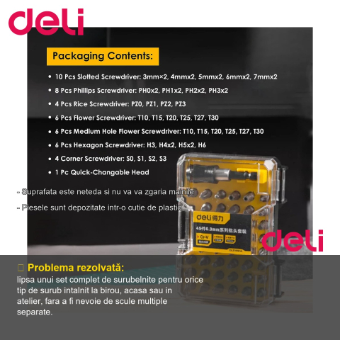 Set surubelnita cu 45 capete interschimbabile Deli, otel inoxidabil, in cutie de plastic [1]