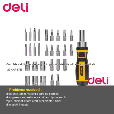 Set surubelnita cu clichet Deli, 29 capete interschimbabile, maner PP/TPR ergonomic, pentru lucru eficient in atelier sau la domiciliu [1]