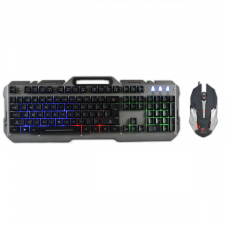 Set mouse cu tastatura - Set tastatura US QWERTY multimedia si mouse 6D + scroll, 800/1200/1600/2400 DPI, Rebeltec, spatiu pentru smartphone, cu iluminare LED multicolor, lungime cablu 1.5m